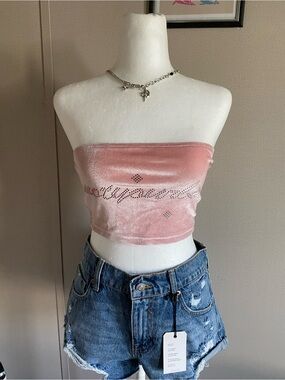 Cute Y2K velvet pink crop tube top
